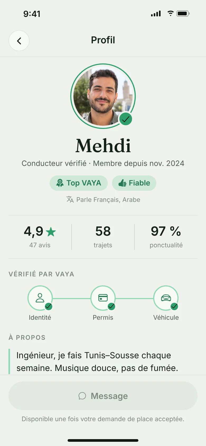 Écran VAYA : profil vérifié d'un conducteur