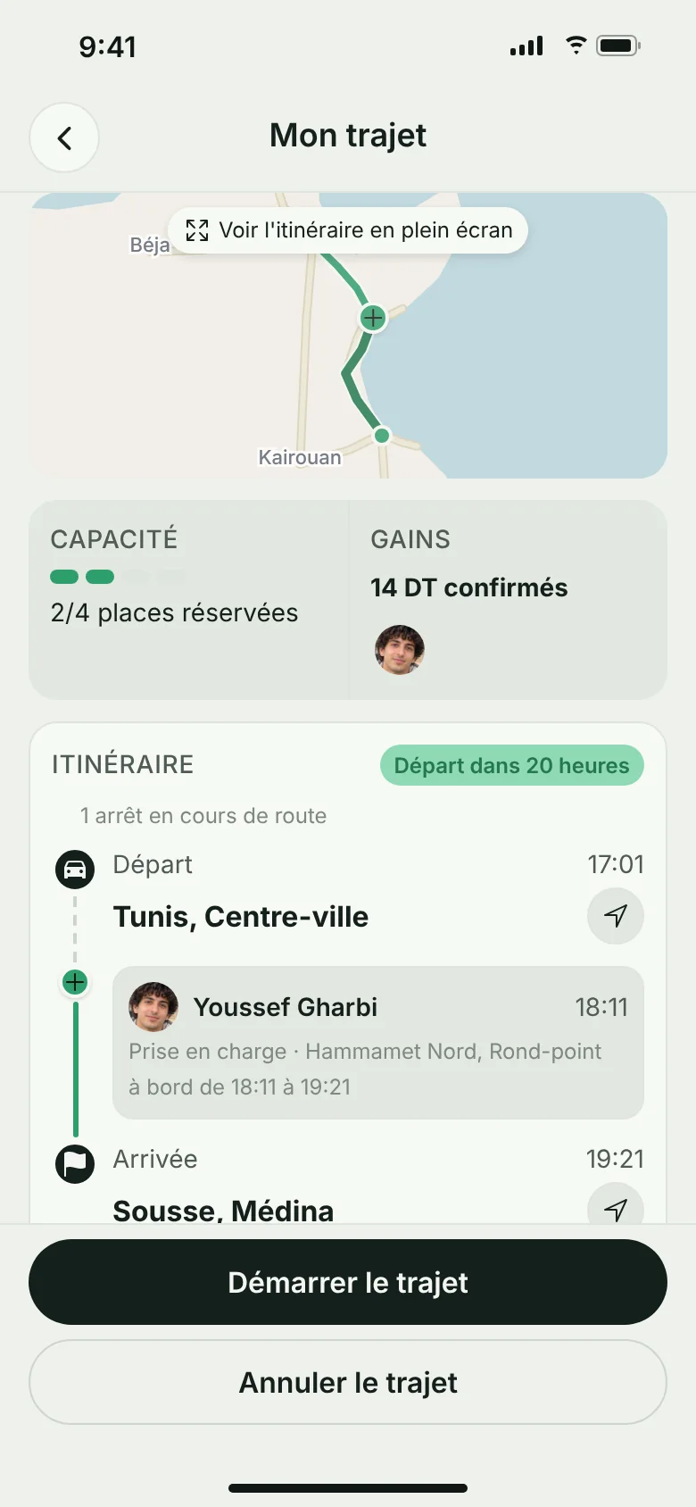 Écran VAYA : itinéraire et gains du conducteur