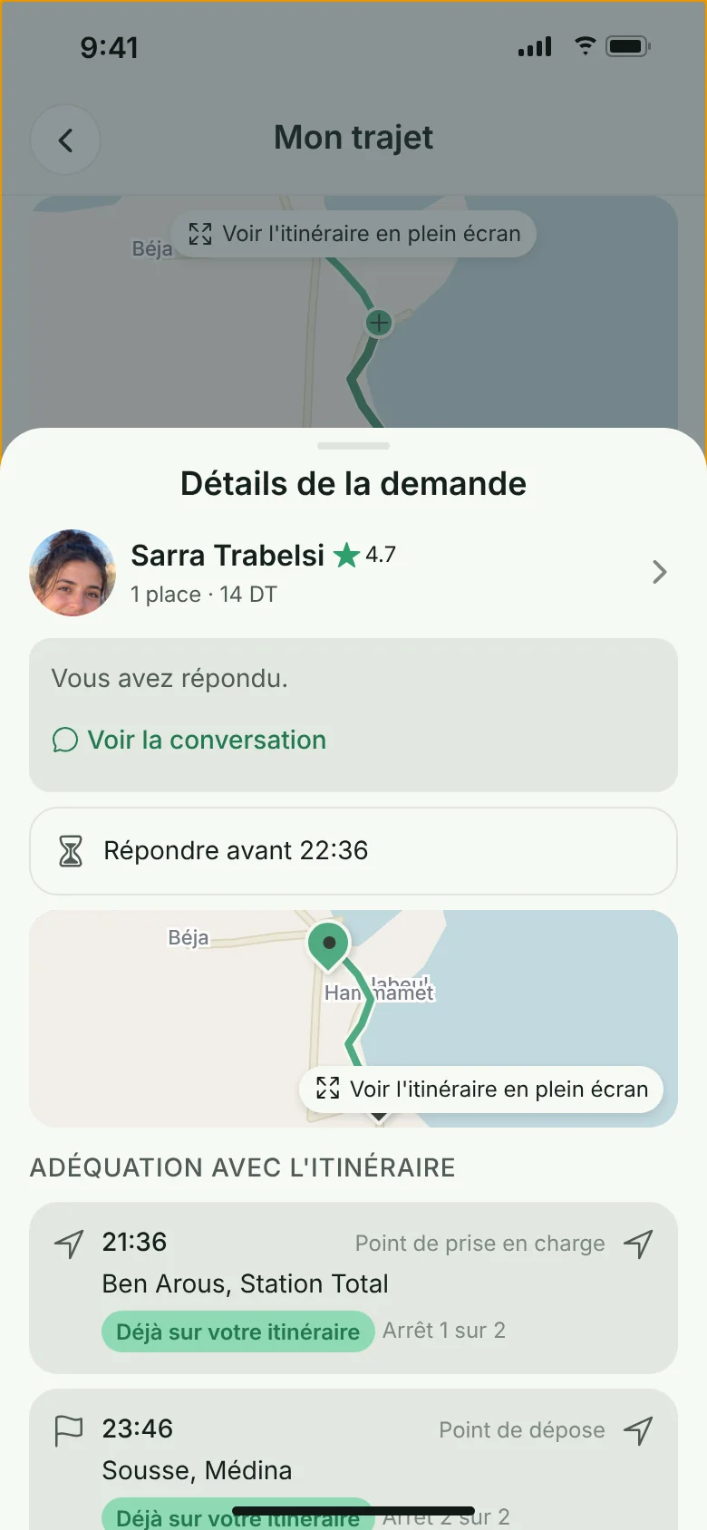 Écran VAYA : détail d'une demande côté conducteur