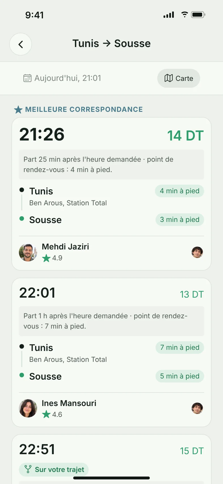 Écran VAYA : résultats de recherche avec un conducteur sur le trajet