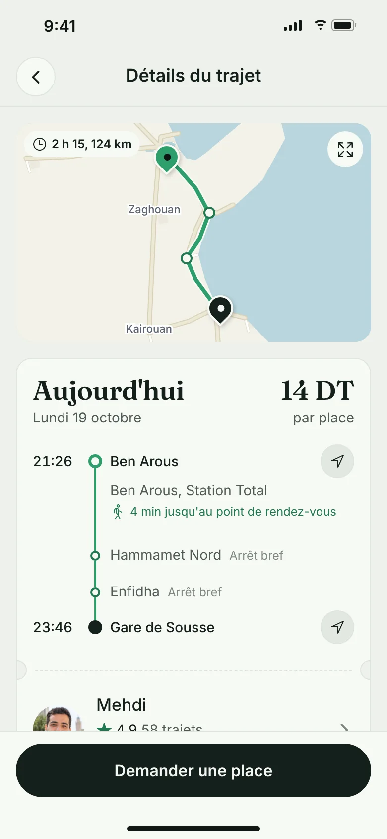 Écran VAYA : détail d'un trajet avec prix et itinéraire