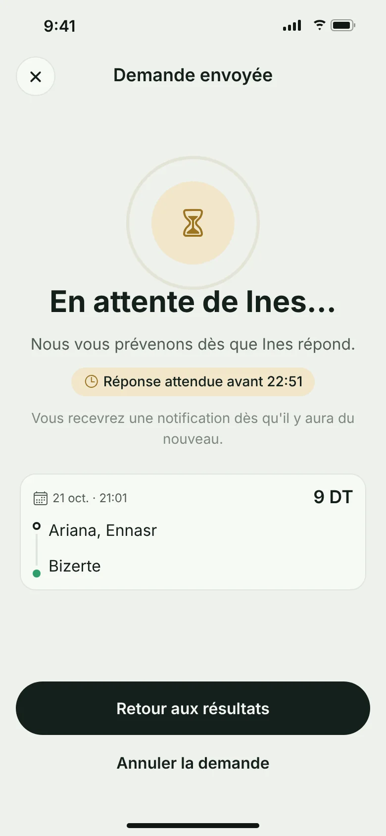 Écran VAYA : demande envoyée, en attente de réponse