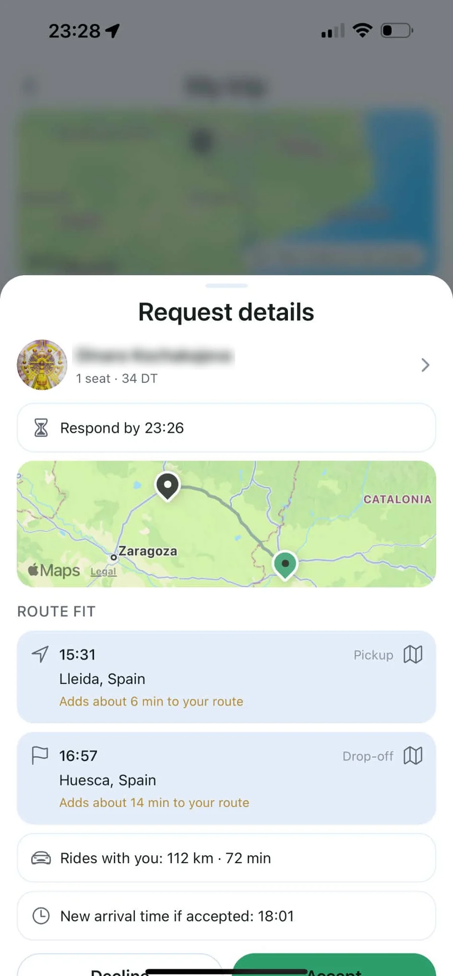 Écran VAYA : détail d'une demande côté conducteur