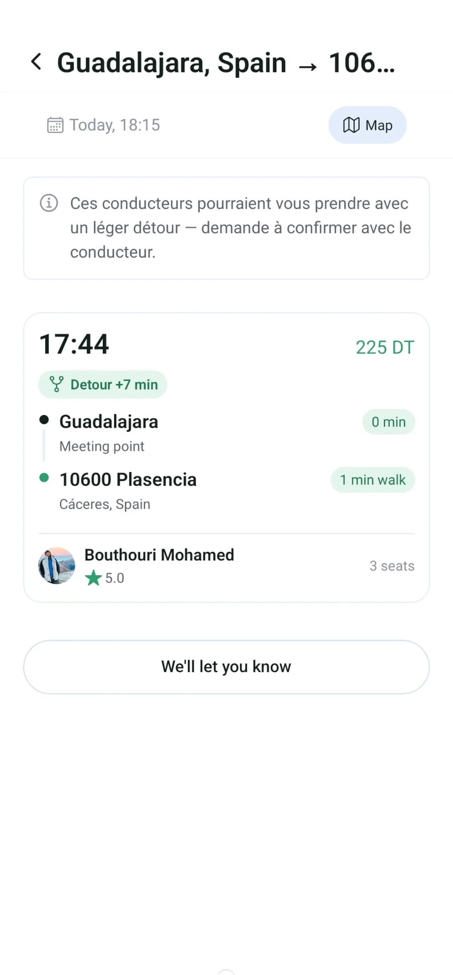 Écran VAYA : résultats de recherche avec un conducteur sur le trajet
